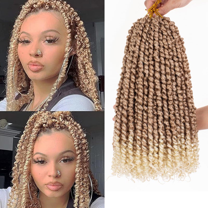 Leeven Ombre Blonde 14 Inch Pretwisted Passion Twist Hair 8 Packs Pre Looped Short Passion Twist Curly Ends Synthetic Bohemian Braids Crochet Hair Extensions for Black Women T27613